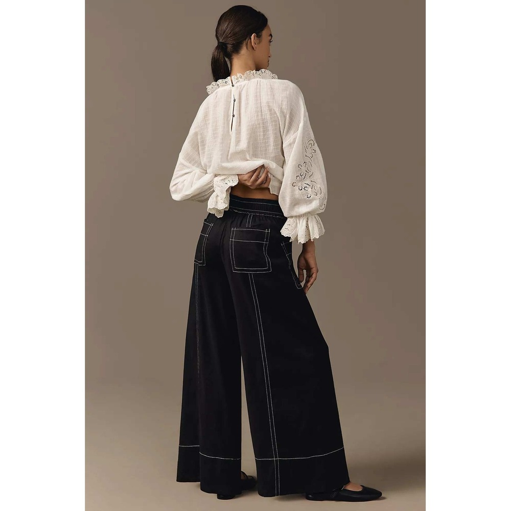 Anthropologie Maeve Wide-Leg Pants Women L Black Linen Blend Contrast Stitch - Picture 3 of 4